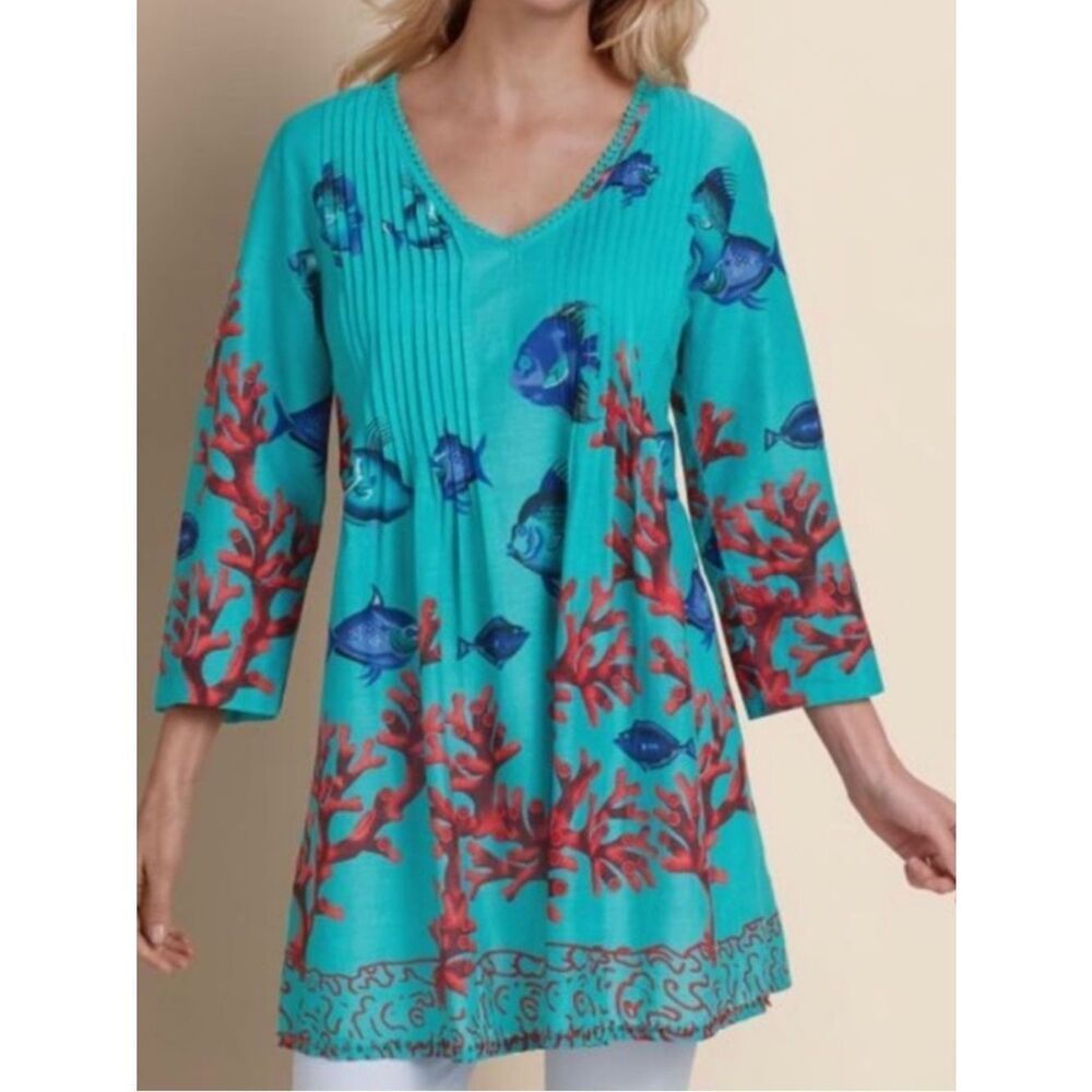 Soft Surroundings Seychelles Tunic Top Tropical Fish Beach Women’s Large P